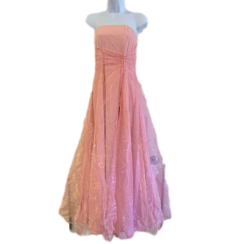 ‎Custom Made Strapless Pink Gown Sheer Overlay Sz S Barbiecore